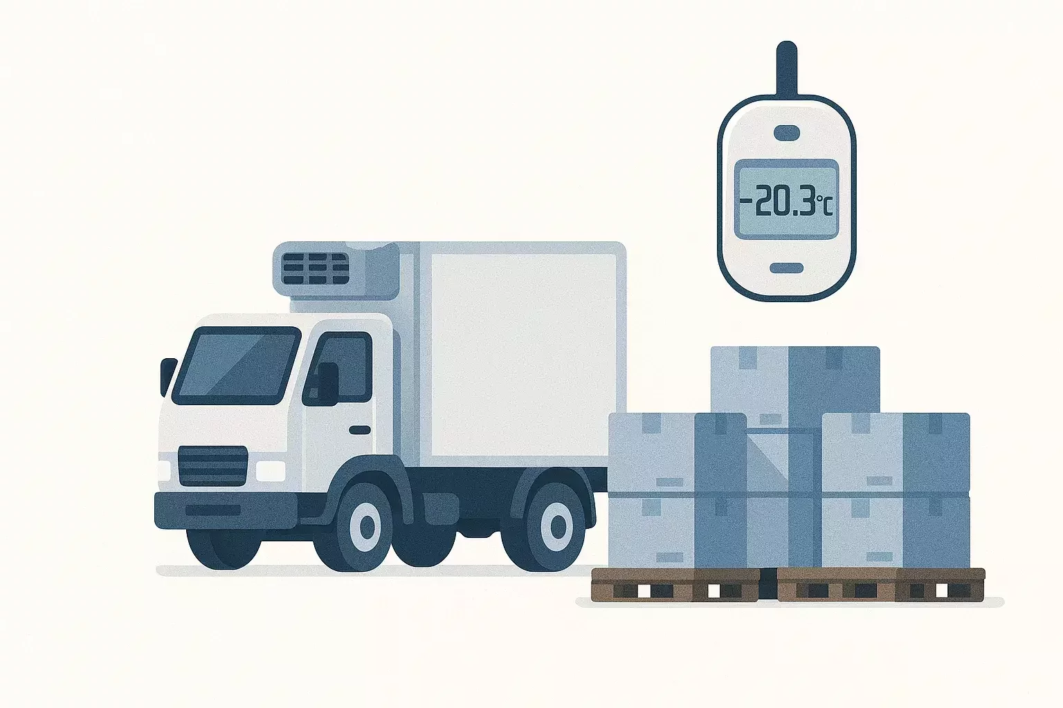 Illustration of a refrigerated delivery truck with frozen cargo and a digital thermometer displaying -20.3°C for cold chain compliance.