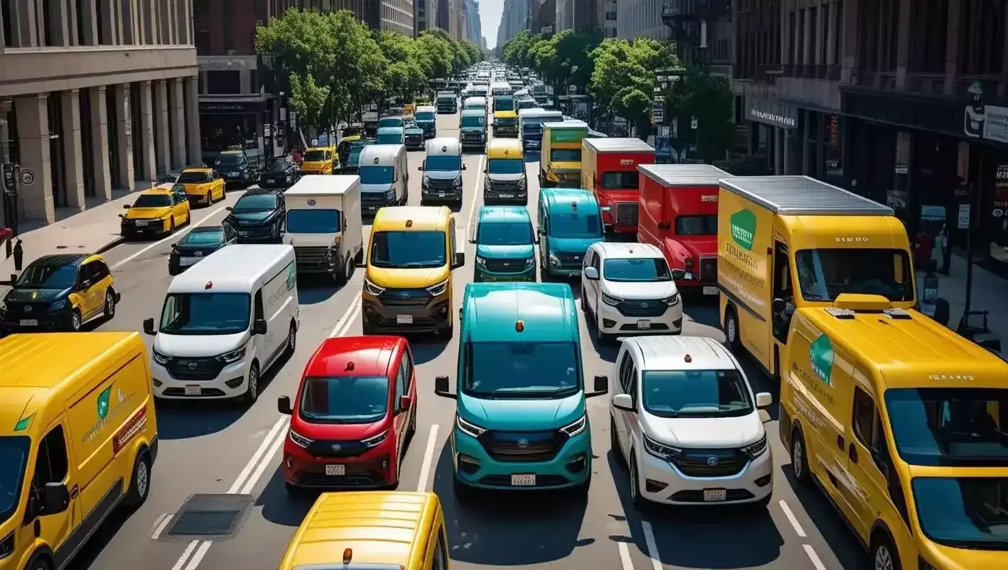 A bustling city street scene at midday, showcasing a diverse fleet of electric delivery vehicles in vibrant colors, sharply focused and detailed, with a photorealistic style, showcasing a variety of vehicle types and sizes, with diverse drivers visible but not the focus, using a wide-angle shot composition to capture the urban environment.