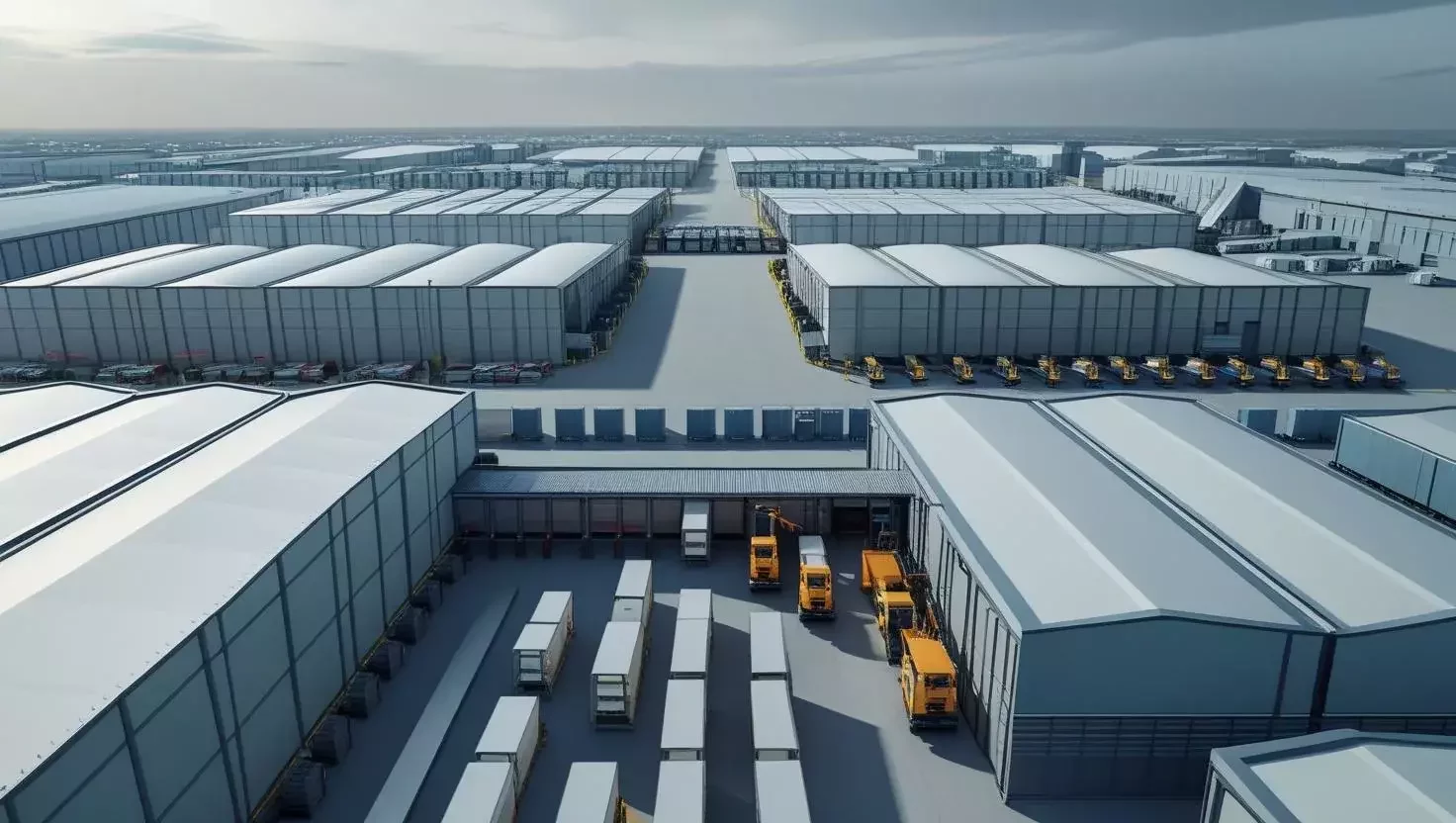 Aerial view of a large cold chain logistics hub with modular warehouses and temperature-controlled delivery trucks.