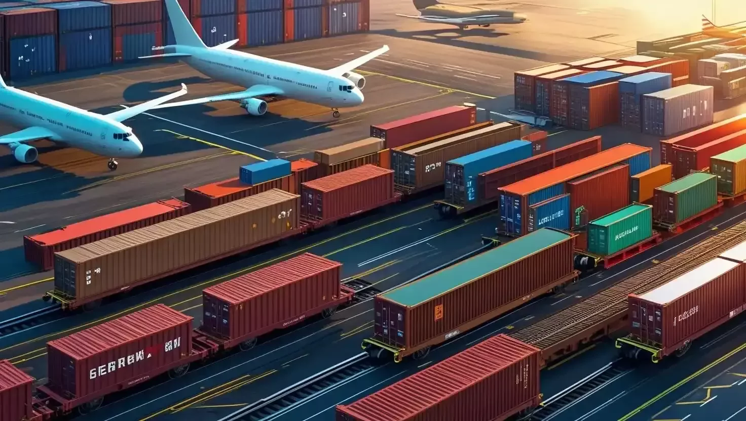 A detailed photorealistic rendering of a bustling international cargo hub, showcasing a variety of rail cars loaded with sea containers, alongside airplanes on the tarmac awaiting loading, emphasizing the intricate logistics of global trade; vibrant, contrasting colors; cinematic lighting.