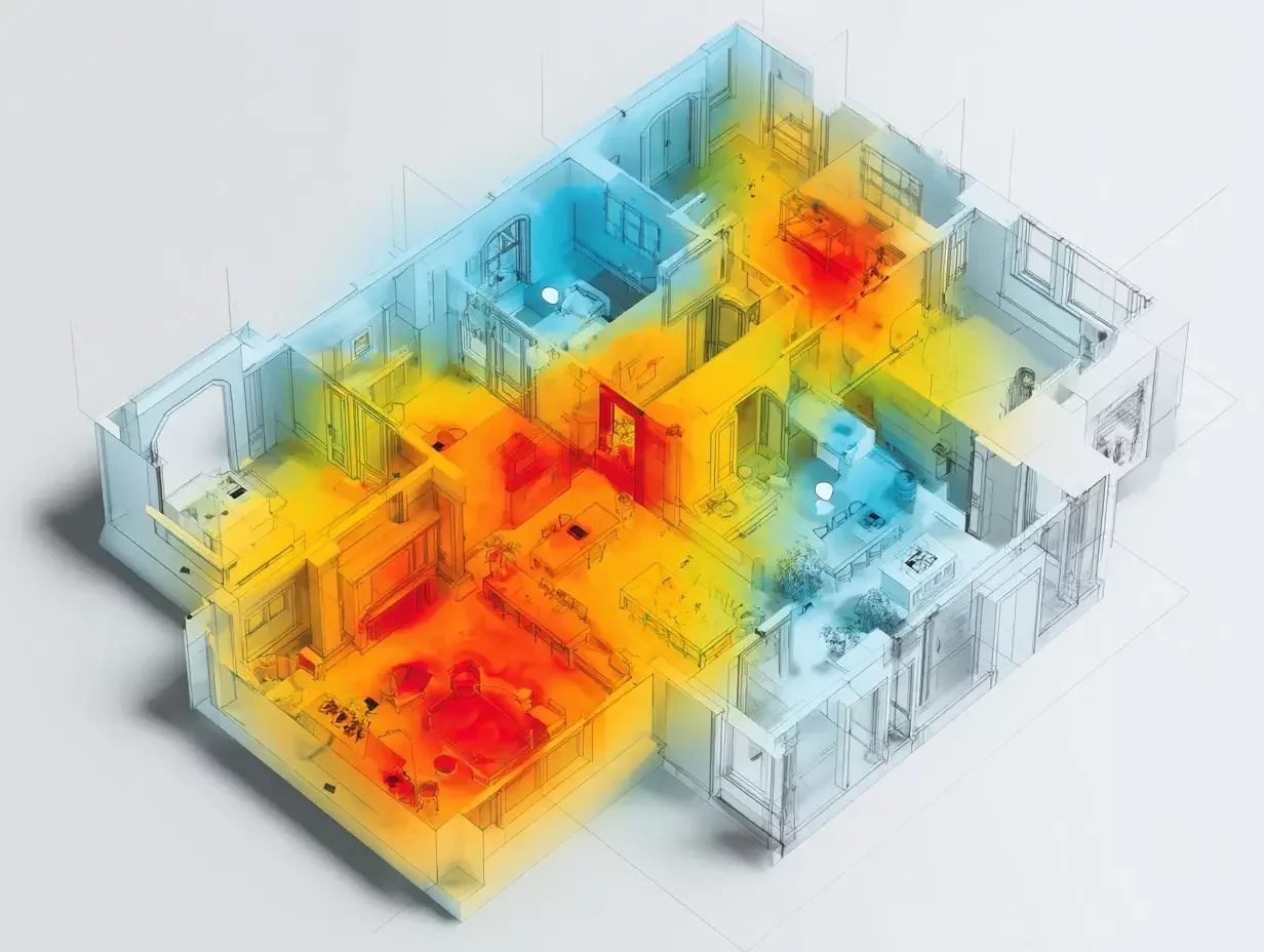 3D floor plan heatmap showing room-by-room temperature variations in a building, used for environmental monitoring and smart heating analysis.