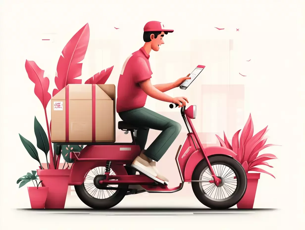 Illustration of a last-mile delivery rider using a tablet while transporting a package, symbolizing mobile cold chain tracking and smart logistics.