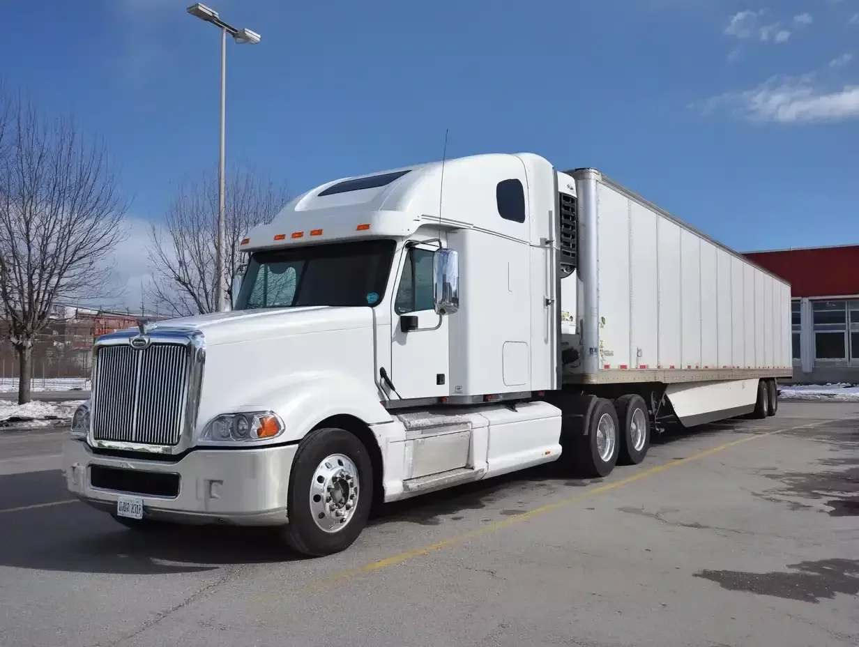 A photorealistic image of a line of gleaming refrigerated trucks and trailers parked in a well-lit loading dock, showcasing their clean, metallic surfaces and the subtle condensation on their sides.  The setting sun casts long shadows, emphasizing the vehicles' imposing size and highlighting the details of their refrigeration units.