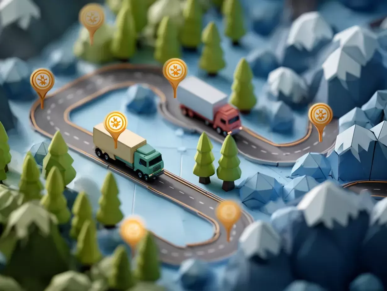 Isometric illustration of trucks on a forested mountain road with cold chain tracking markers, representing real-time temperature monitoring.