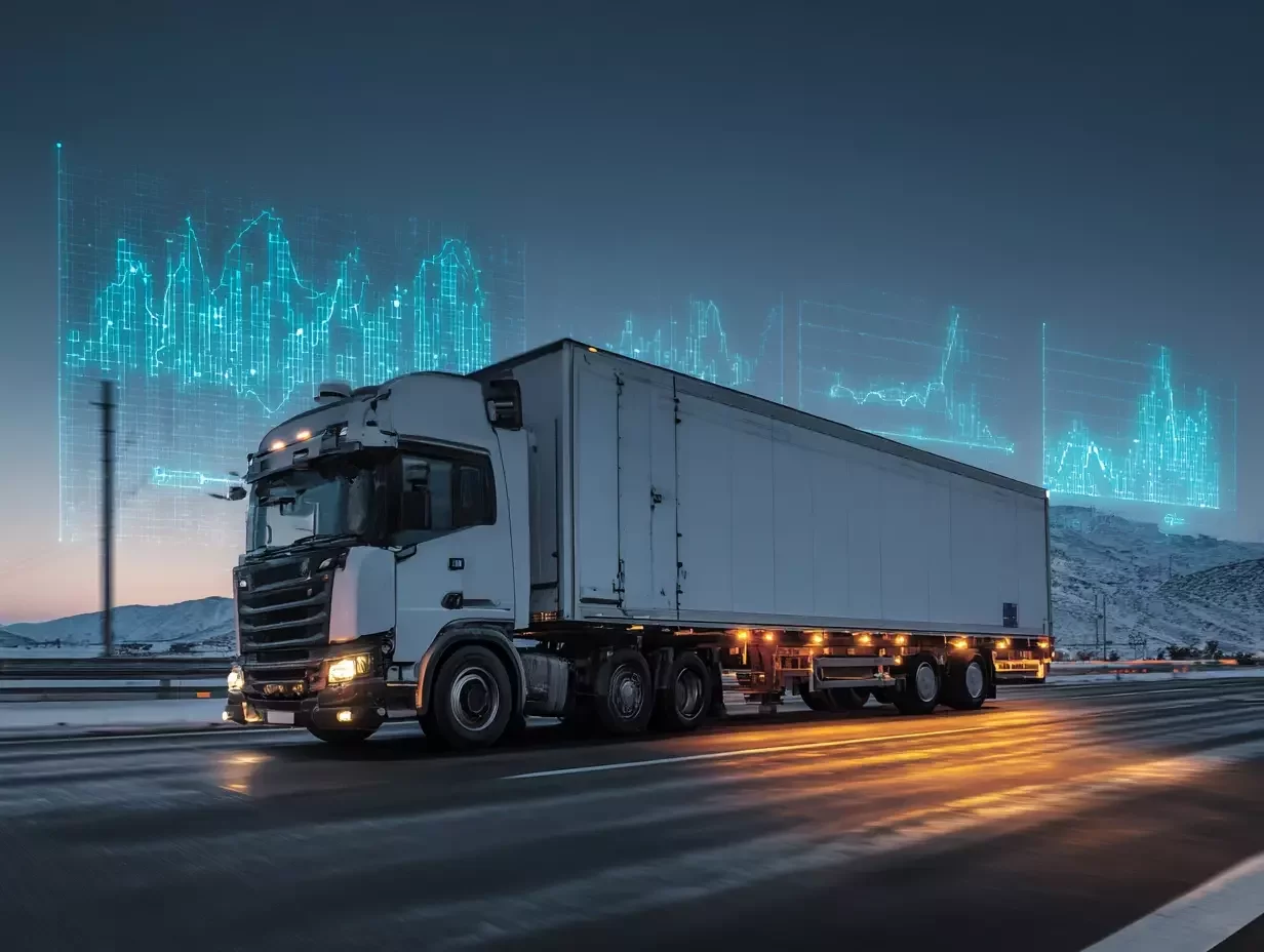 Smart refrigerated truck driving at night with digital analytics overlays, representing real-time cold chain monitoring and data-driven logistics.