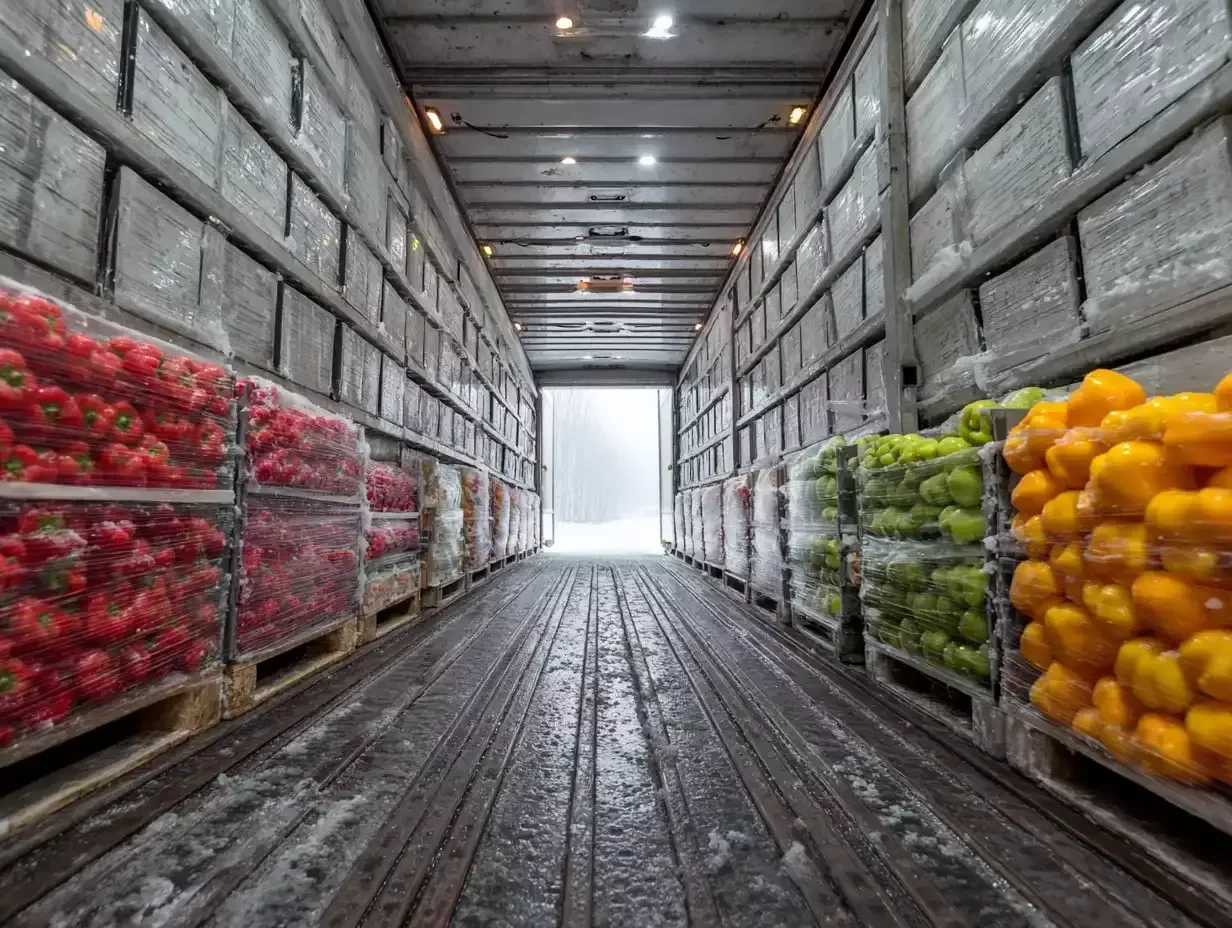 A vibrant close-up photograph of a delivery truck carrying perishable goods, showcasing crates of fresh fruits and vegetables meticulously stacked and secured with protective netting.  The image should feature realistic lighting, highlighting the glossy surfaces of the produce and the metallic sheen of the truck's exterior.  The background should be subtly blurred, drawing focus to the contents of the truck.  Use a photorealistic style with a focus on detail and texture.