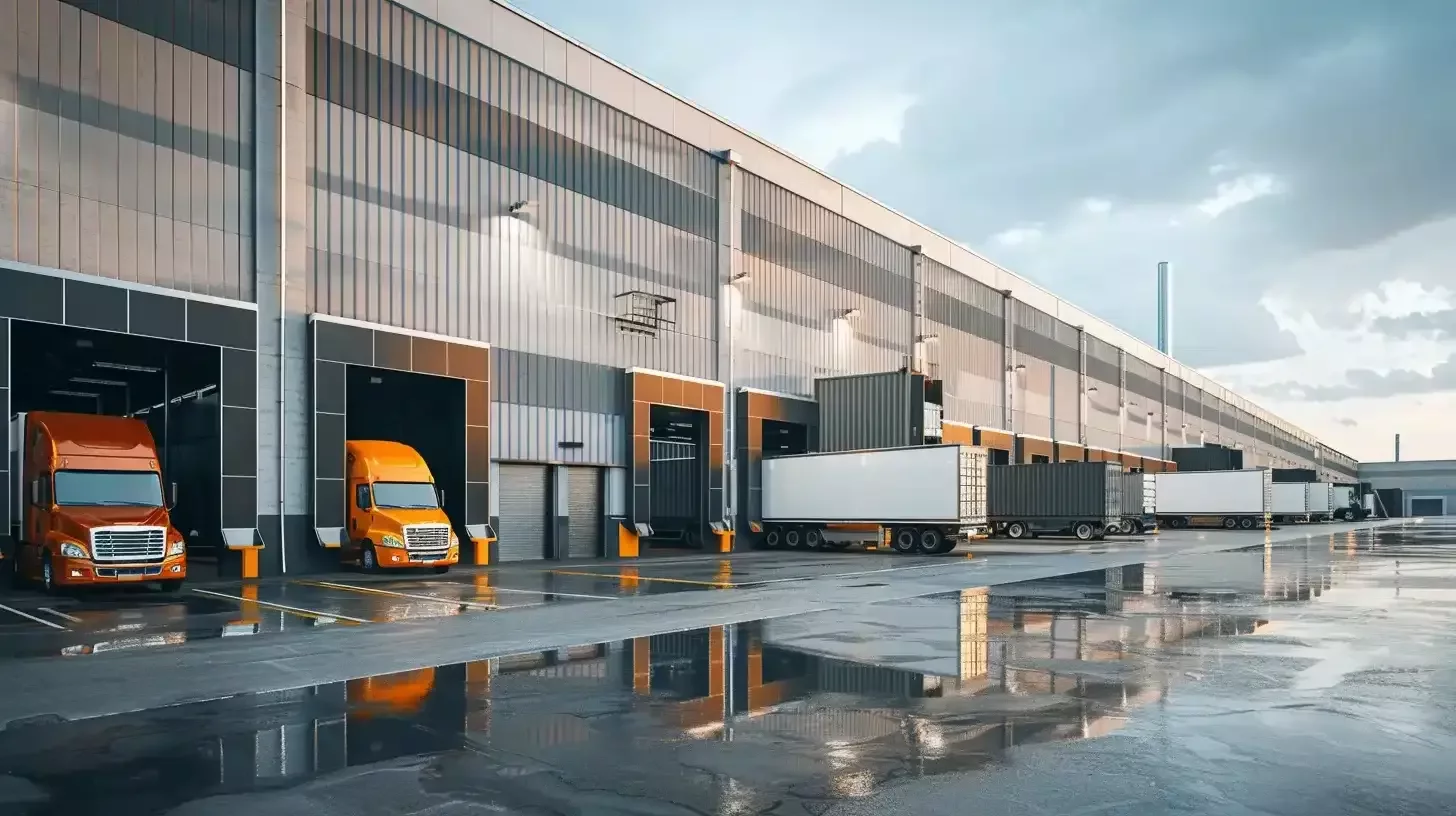 Modern logistics distribution center with semi-trailers docked for temperature-controlled loading and unloading operations.