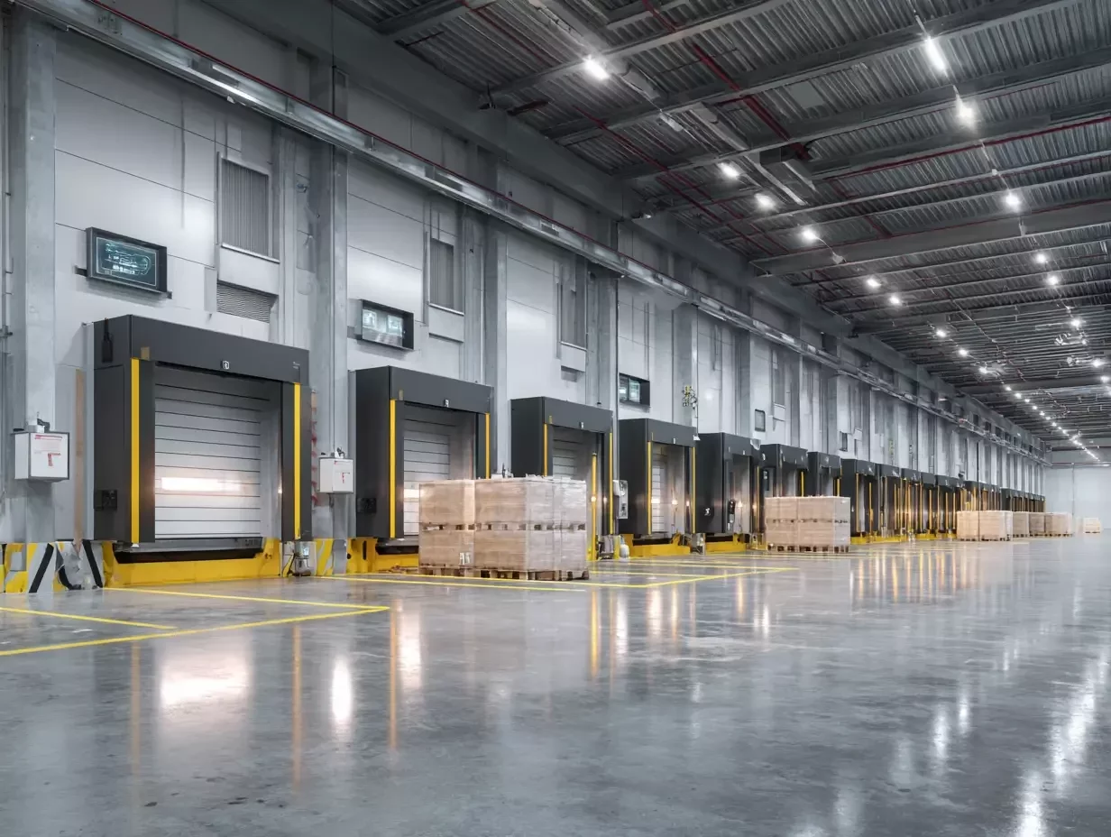 A detailed, photorealistic rendering of a bustling terminal and cross-docking area, showcasing a variety of trucks, forklifts, and loading docks.  The image should depict a well-lit, organized space with clear signage and efficient workflow, emphasizing the smooth transfer of goods.  The color palette should be realistic, with muted tones reflecting the industrial setting. The perspective should be from a slightly elevated viewpoint, offering a comprehensive overview of the entire area.