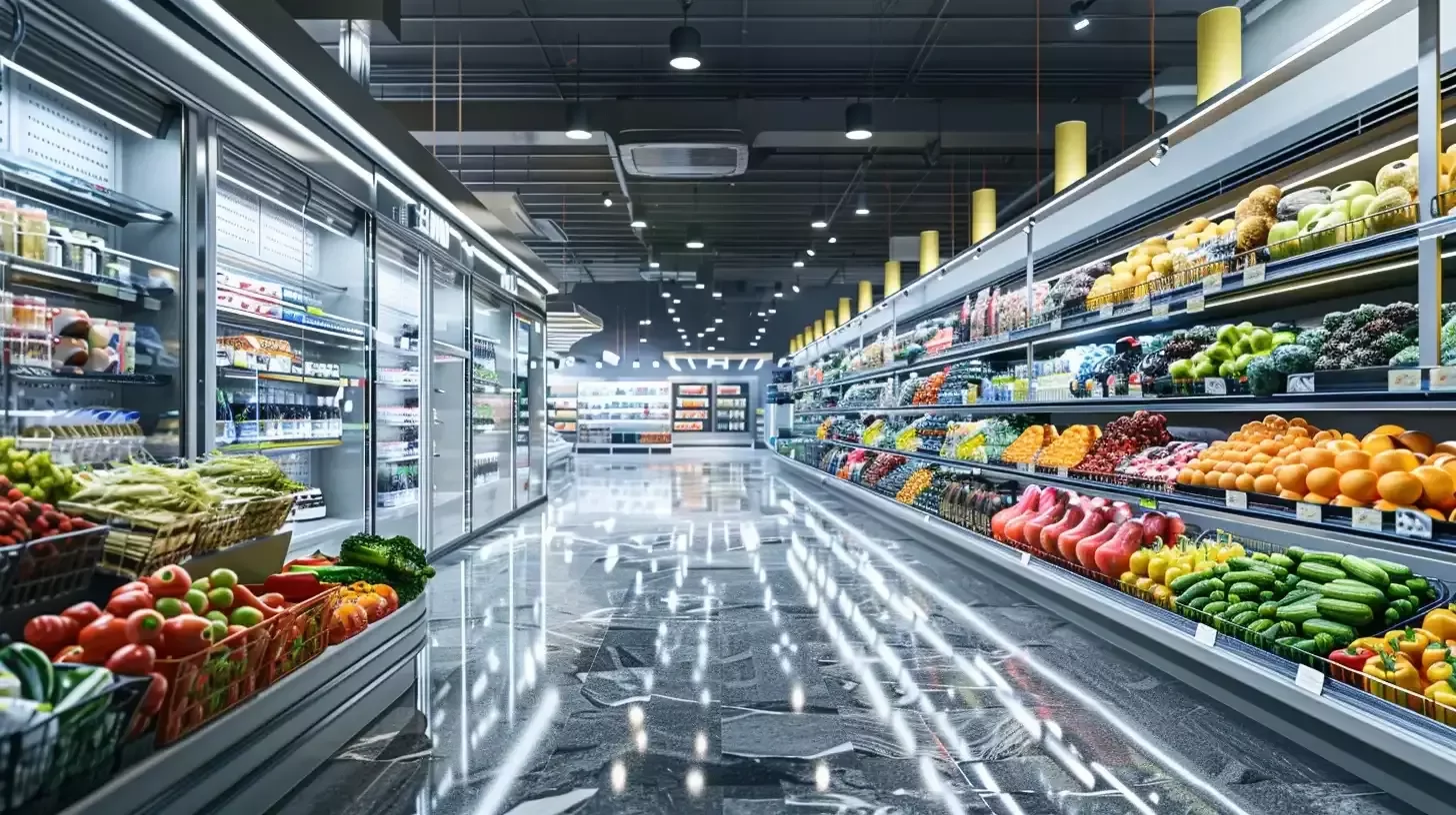 En livlig, starkt upplyst interiör i en modern stormarknad med en mängd olika färskvaror, förpackade varor och kunder som navigerar i gångarna. Den övergripande estetiken är ren och inbjudande, med varm belysning som framhäver färgglada displayer. Bilden bör ha en vidvinkel som fångar den övergripande atmosfären i en upptagen men organiserad stormarknad.