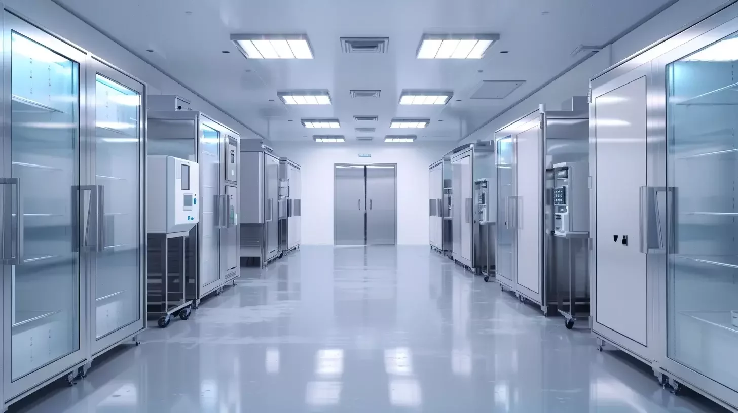 Cleanroom-style pharmaceutical cold storage facility with medical-grade refrigerators and temperature-controlled equipment.