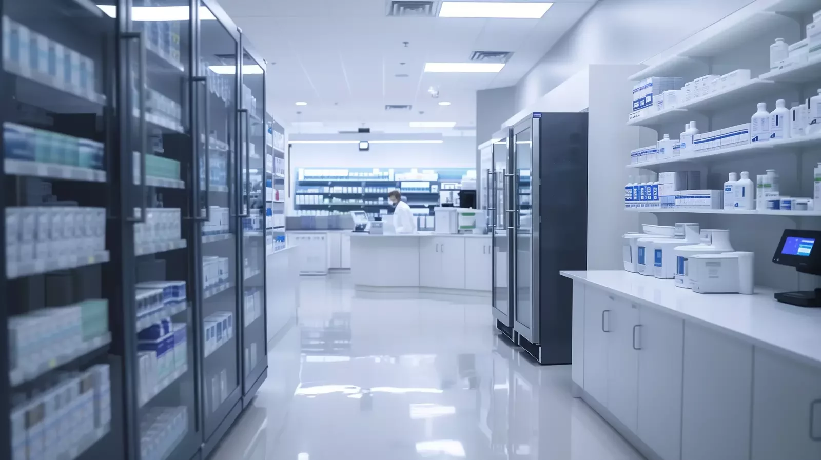 Photographie réaliste représentant l'intérieur d'une pharmacie de détail et d'une pharmacie d'hôpital, mettant en évidence les différences d'agencement, de présentation des produits et d'atmosphère générale. La pharmacie de détail présente un éclairage lumineux, des étagères bien rangées contenant des médicaments en vente libre et des produits de santé, ainsi qu'une atmosphère conviviale et accueillante. En revanche, la pharmacie d'hôpital est décrite comme un lieu plus stérile et clinique, avec des comptoirs de distribution, des armoires de stockage de médicaments et une attention particulière portée à la manipulation des médicaments délivrés sur ordonnance. Les deux environnements doivent être propres, bien éclairés et dégager une atmosphère professionnelle, soulignant le rôle crucial de chaque type de pharmacie dans les soins de santé.