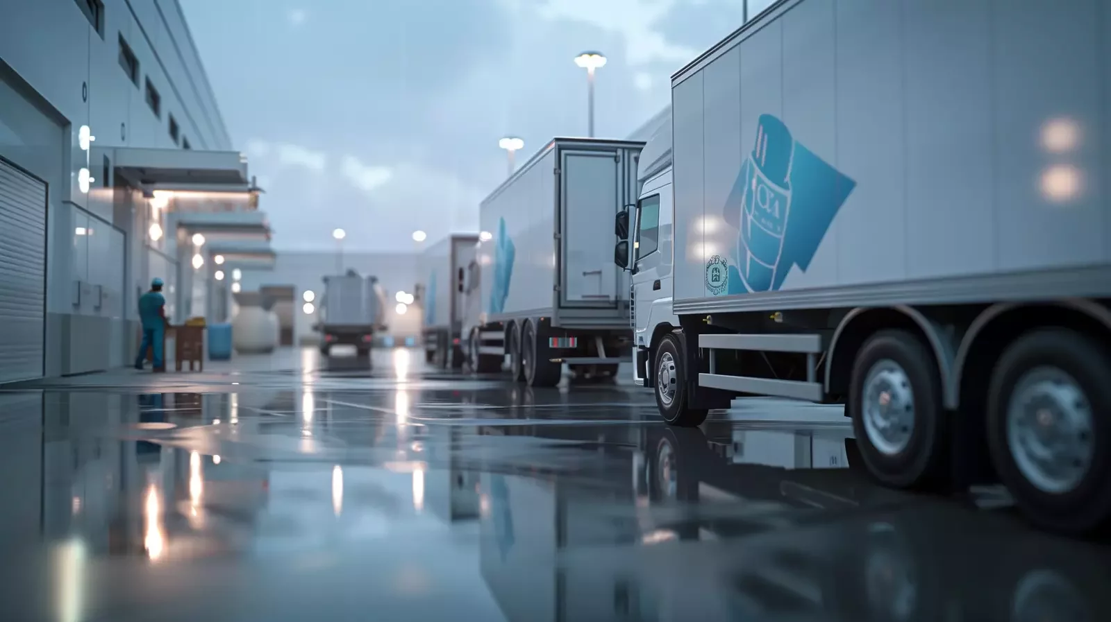 Illustration détaillée d'une opération moderne et propre de transport et de logistique de produits pharmaceutiques, montrant une flotte de camions réfrigérés chargeant et déchargeant efficacement des produits pharmaceutiques dans un entrepôt ultramoderne.  La scène doit être bien éclairée, pour mettre en valeur l'environnement stérile et sécurisé.  Utilisez un style réaliste en mettant l'accent sur la précision et le soin apportés au processus.