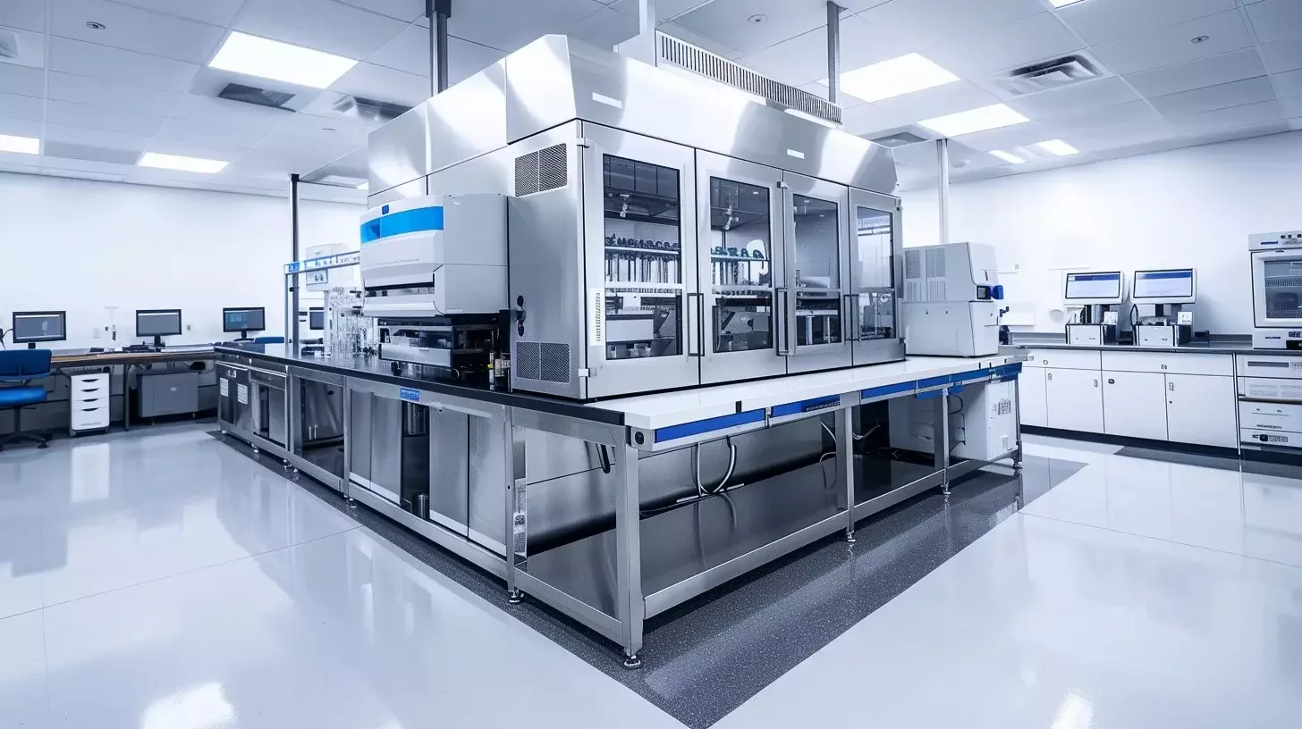 Image photoréaliste détaillée d'un laboratoire pharmaceutique propre et bien éclairé présentant divers matériaux et équipements sensibles, notamment des cuves de mélange en acier inoxydable, des instruments d'analyse avancés et de la verrerie méticuleusement organisée. L'image doit souligner l'environnement stérile et contrôlé du laboratoire, en mettant l'accent sur la précision et la technologie impliquées dans la recherche et le développement pharmaceutiques.
