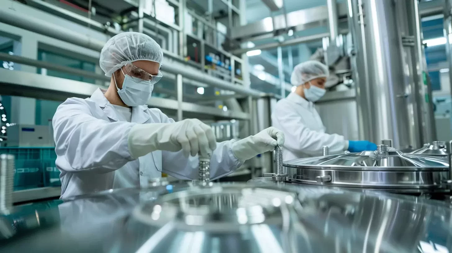 Rendu photoréaliste détaillé d'une usine moderne de fabrication et de production de produits pharmaceutiques, présentant des équipements en acier inoxydable étincelants, des systèmes de tuyauterie complexes et des laboratoires propres et bien éclairés. Des travailleurs en blouse blanche stérile sont visibles, actionnant avec diligence les machines et surveillant les lignes de production. L'atmosphère générale doit être celle de la précision, de la propreté et de l'efficacité de la haute technologie.