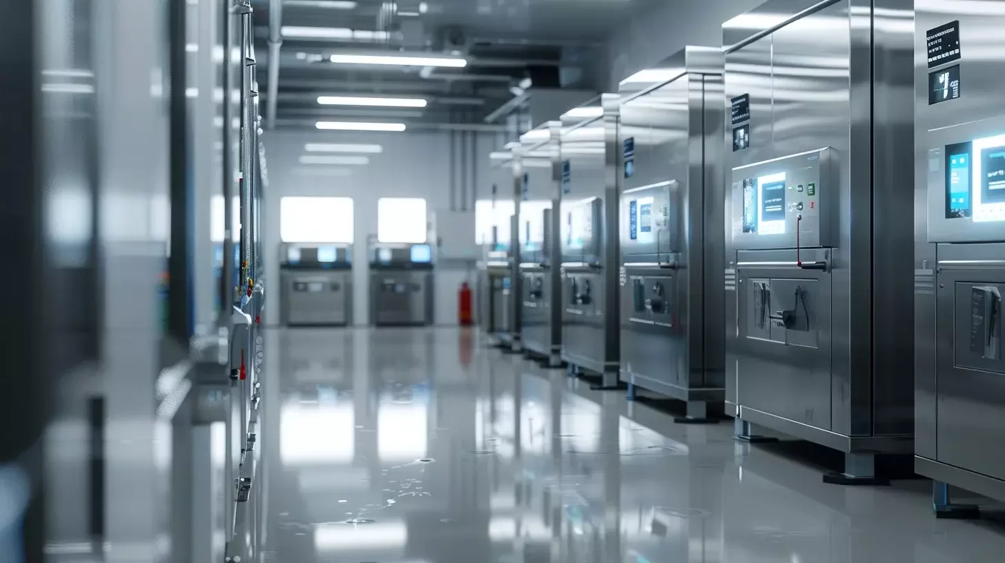 Un gros plan détaillé de congélateurs spécialisés et d'unités de stockage cryogéniques en acier inoxydable brillant, mettant en valeur leurs contrôles de température précis et leurs fonctions avancées, sur un fond de laboratoire propre et bien éclairé. L'image doit mettre l'accent sur la haute technologie et le design industriel, en utilisant une mise au point précise et un éclairage dramatique pour souligner la fonctionnalité de l'équipement et son ingénierie sophistiquée.