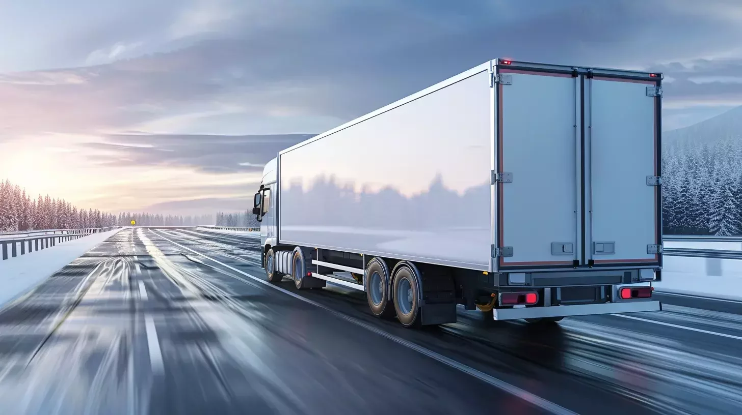 En levande, fotorealistisk bild som visar effektiv transport och leverans av lättfördärvliga varor: en kylbil som kör på motorvägen med solljuset glittrande på den metalliska ytan, med lådor med färskvaror prydligt staplade inuti, redo för distribution till lokala marknader och butiker. Den övergripande estetiken bör vara ren och modern och betona den snabbhet och omsorg som är involverad i processen.