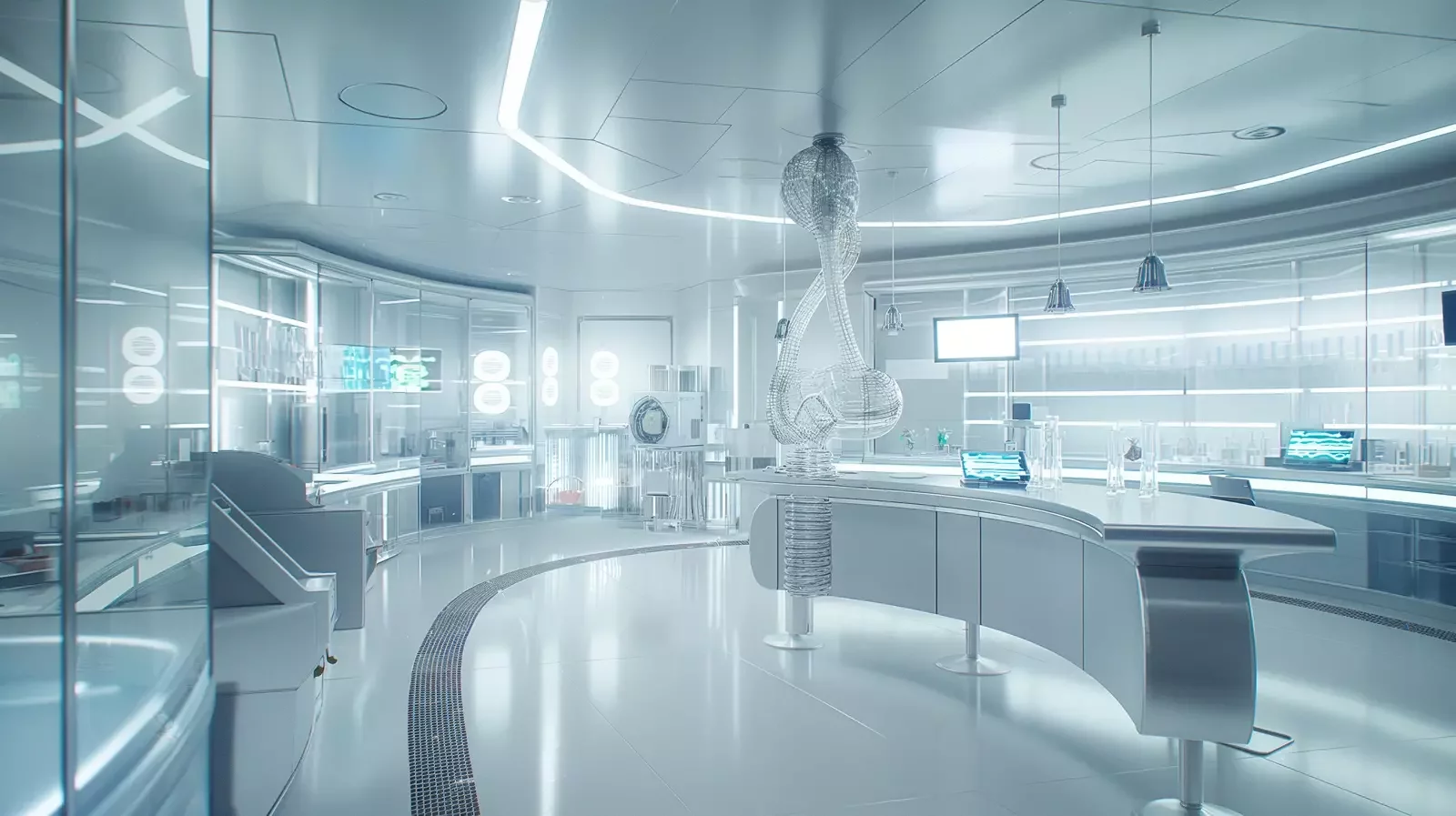 Una fotografia meticolosamente dettagliata di un moderno laboratorio clinico, che mostra attrezzature di ricerca avanzate e ambienti sterili.  L'immagine presenta superfici scintillanti in acciaio inossidabile, strumenti analitici sofisticati e file di campioni meticolosamente organizzati.  L'estetica generale è pulita, luminosa e tecnologicamente avanzata, con un'attenzione particolare alla precisione e all'accuratezza. L'illuminazione è luminosa e uniforme e mette in risalto l'ambiente sterile. La tavolozza dei colori è prevalentemente fredda, con accenti metallici.