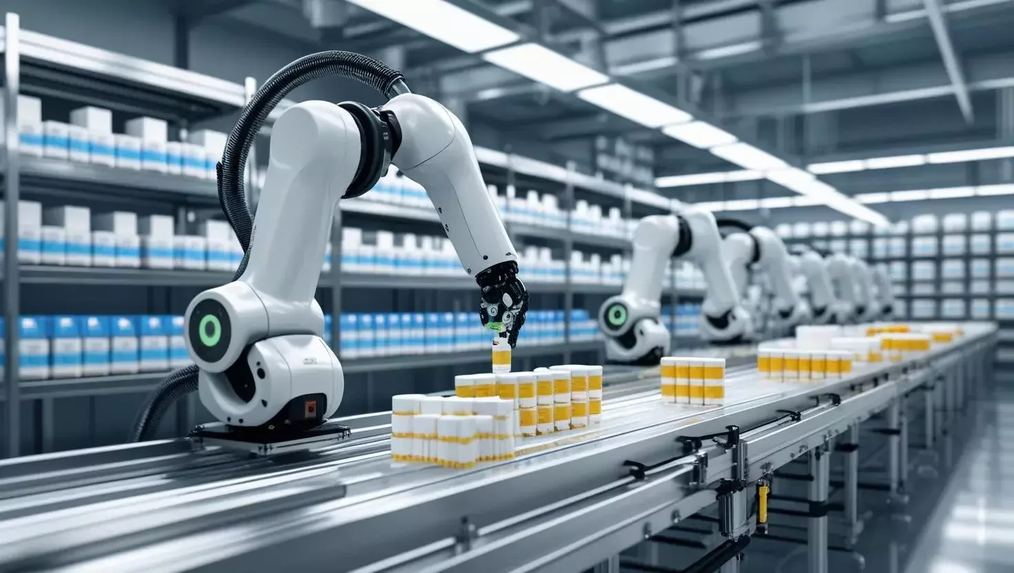 Une photographie représentant un entrepôt pharmaceutique méticuleusement propre et conforme aux BPF, où des bras robotiques automatisés déplacent avec précision des produits pharmaceutiques le long d'un système de convoyage en acier inoxydable impeccable. 