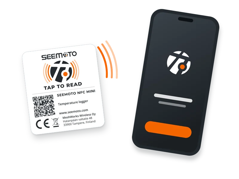 Seemoto NFC Mini temperature tag next to a smartphone, with a signal between them