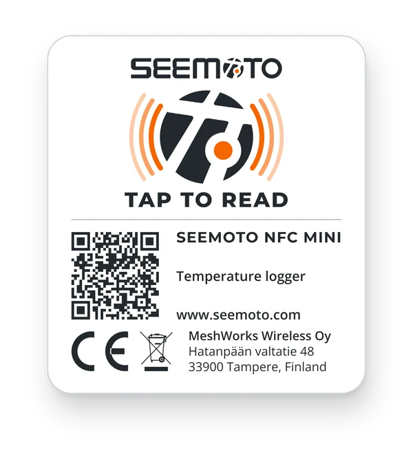 The Seemoto NFC Mini tag: the Seemoto logo, a round tap target marked "Tap to read", and a QR code