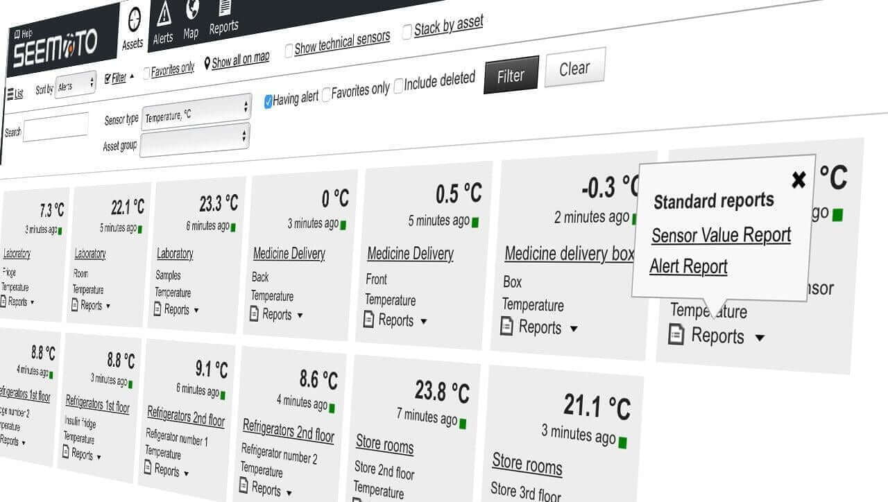 Seemoto Interface utilisateur de la solution de surveillance du stockage à froid