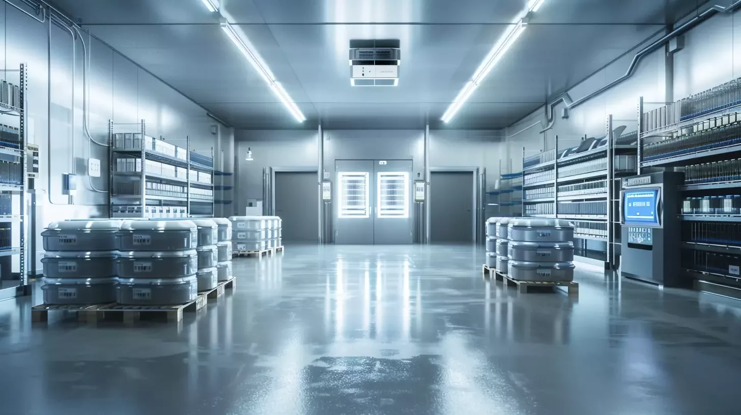 Una struttura industriale per la conservazione del freddo meticolosamente organizzata, che mostra file di merci sensibili alla temperatura, come prodotti farmaceutici e alimenti surgelati, in unità climatizzate.  L'immagine deve raffigurare scaffalature in acciaio inossidabile, indicatori di temperatura precisi e spie LED sottilmente luminose, creando un'atmosfera pulita ed efficiente.  Utilizzate uno stile realistico con dettagli nitidi e una tavolozza di colori freddi, dominata da blu, grigi e bianchi.  L'illuminazione generale deve essere luminosa e uniforme, per enfatizzare l'ambiente sterile.