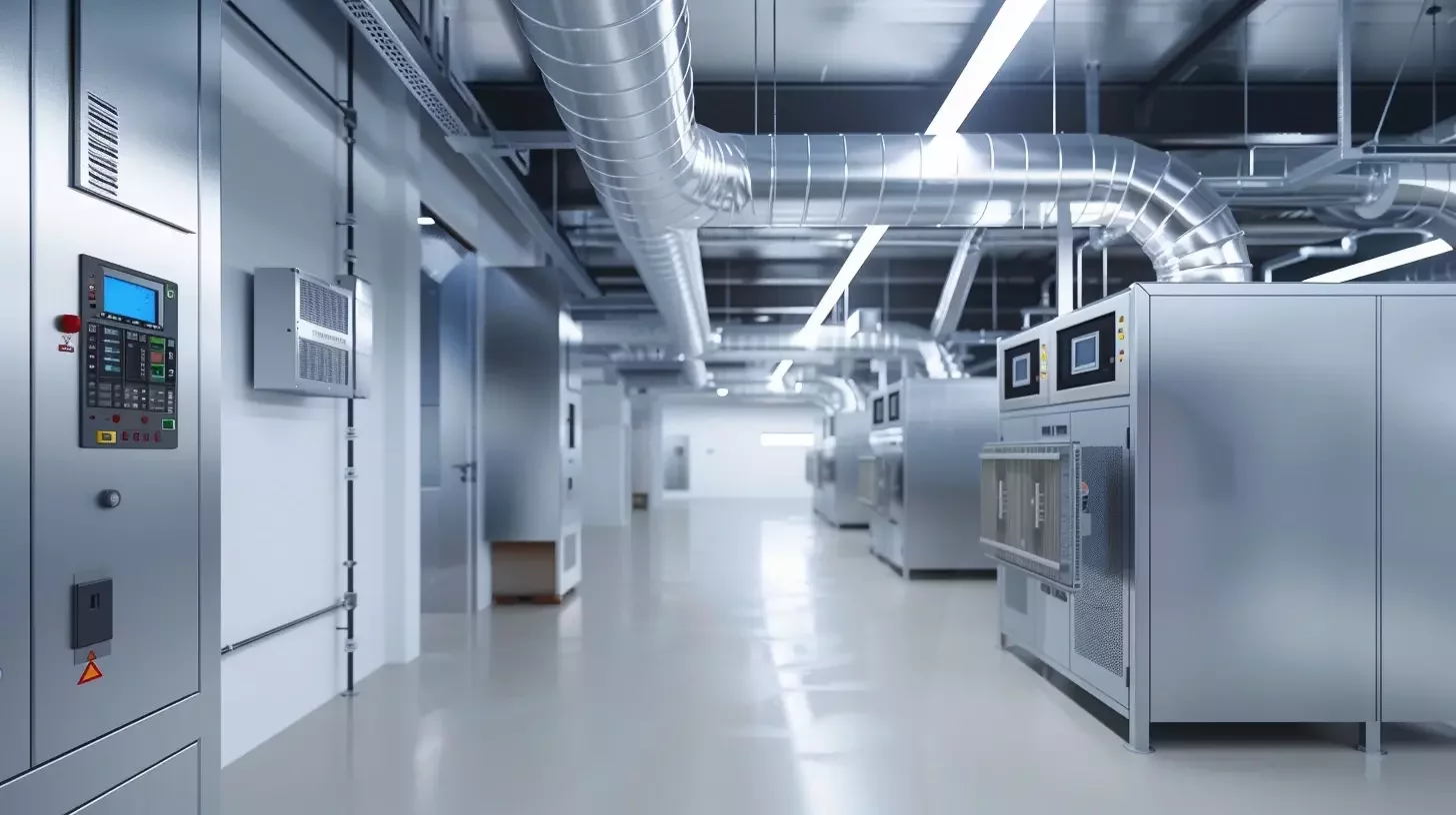 Un'illustrazione dettagliata di un sistema HVAC, che mostri l'intricata rete di condotti, tubi e componenti, resa in uno stile realistico con particolare attenzione al flusso d'aria e di energia.  L'immagine deve evidenziare le varie parti del sistema, come il compressore, l'evaporatore, il condensatore e il condizionatore d'aria, sottolineandone l'interconnessione all'interno di un ambiente industriale pulito e ben illuminato. La tavolozza dei colori deve essere composta principalmente da blu, verdi e grigi metallici per enfatizzare un'estetica tecnologica ed efficiente.