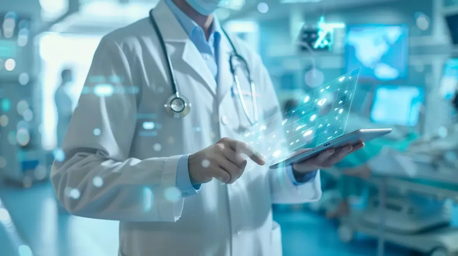Medico che utilizza una tavoletta digitale con interfaccia per i dati sanitari, che rappresenta ambienti ospedalieri intelligenti e sistemi di monitoraggio dei pazienti basati sull'IoT.