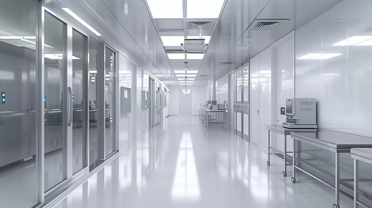 Una serie di ambienti meticolosamente puliti che mostrano ambienti farmaceutici, microelettronici e biotecnologici.  Spazi ad alto contrasto e con un'illuminazione intensa, con superfici in acciaio inossidabile, macchinari avanzati e pareti bianche e immacolate.  Concentratevi sulla natura sterile e altamente organizzata di questi laboratori, sottolineando la precisione e il progresso tecnologico al loro interno.  Includete dettagli come attrezzature specializzate, dispositivi di protezione e sistemi di etichettatura chiari. Rendering in stile fotorealistico.